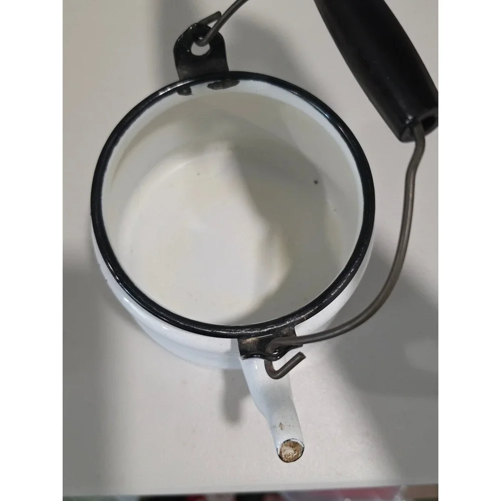Vintage Bergen Enamelware Teapot Fruit Bowl Graphic White Enamel Tea Kettle